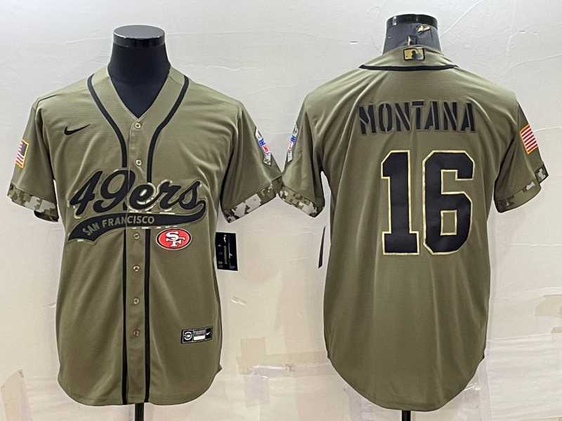 Men%27s San Francisco 49ers #16 Joe Montana 2022 Olive Salute to Service Cool Base Stitched Baseball Jersey
